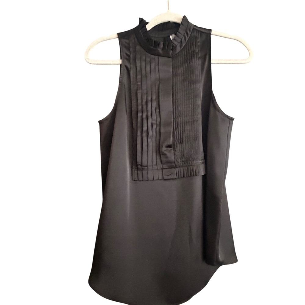 Joie Black Satin Sleeveless Blouse Pleated Bib Ruffle Neck Tuxedo‎ Top Small